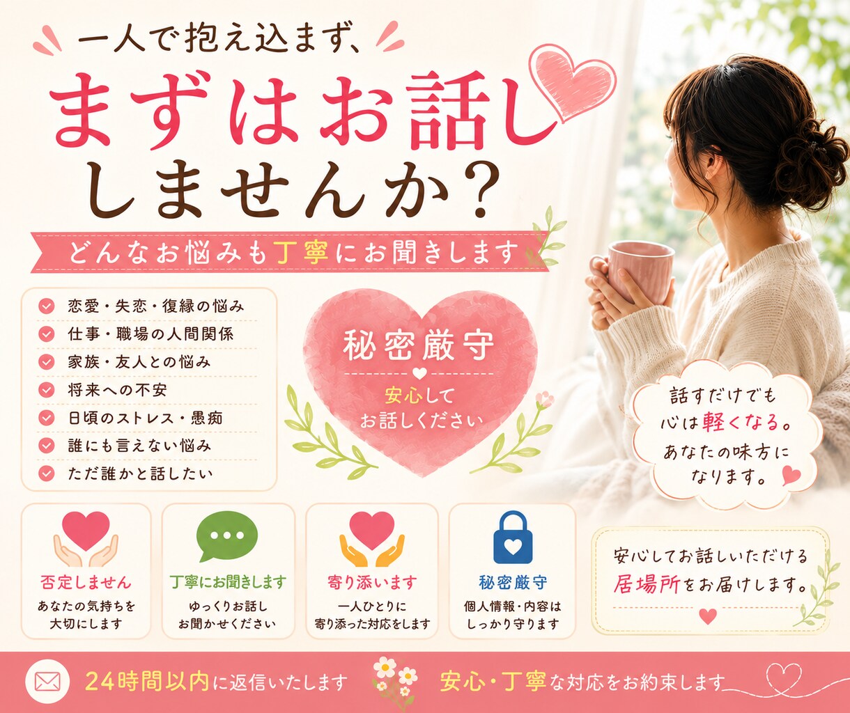 ジャンル不問 |どんなお悩みでも丁寧にお聞きします 話すだけでも心は軽くなる。あなたの居場所になります。 イメージ1