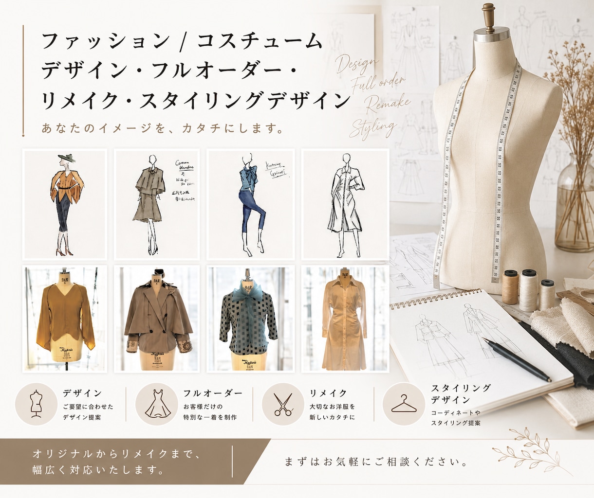 洋服/衣装デザイン、フルオーダー、リメイクします デザイン、パターン制作、縫製まで、一貫して対応可能です！ イメージ1