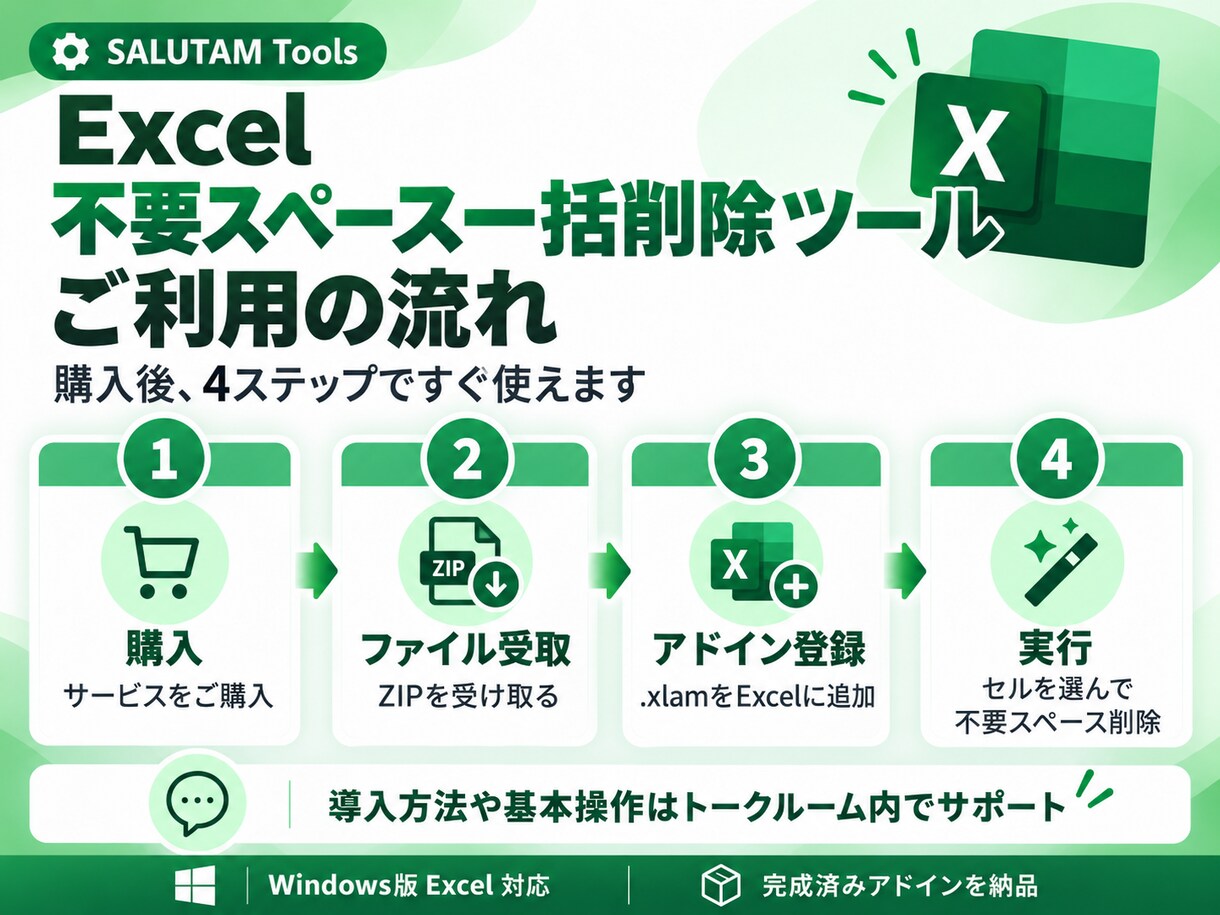 Excelの不要なスペースをまとめて削除します 文字列の先頭・末尾だけを一括整理。途中のスペースは残します イメージ4
