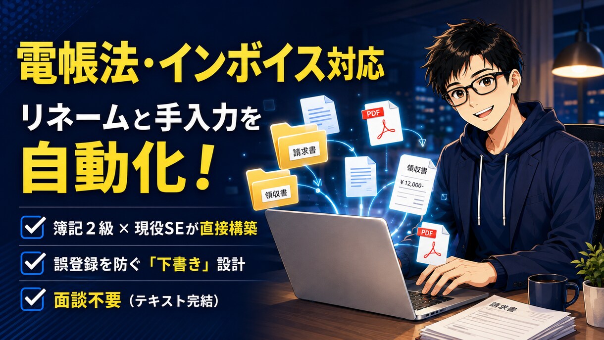 簿記2級の現役SEが請求書保存と仕訳を自動化します 領収書や請求書のリネーム・手入力に限界を感じる経理担当者へ。 イメージ1