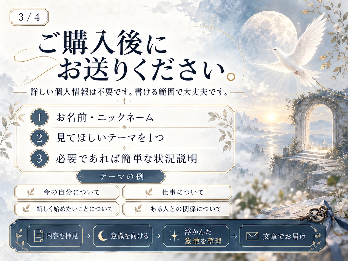 浮かんだ象徴を霊視でそのままお伝えします 意味を決めず、見えた情景・色・物・言葉をそのまま届けます イメージ3