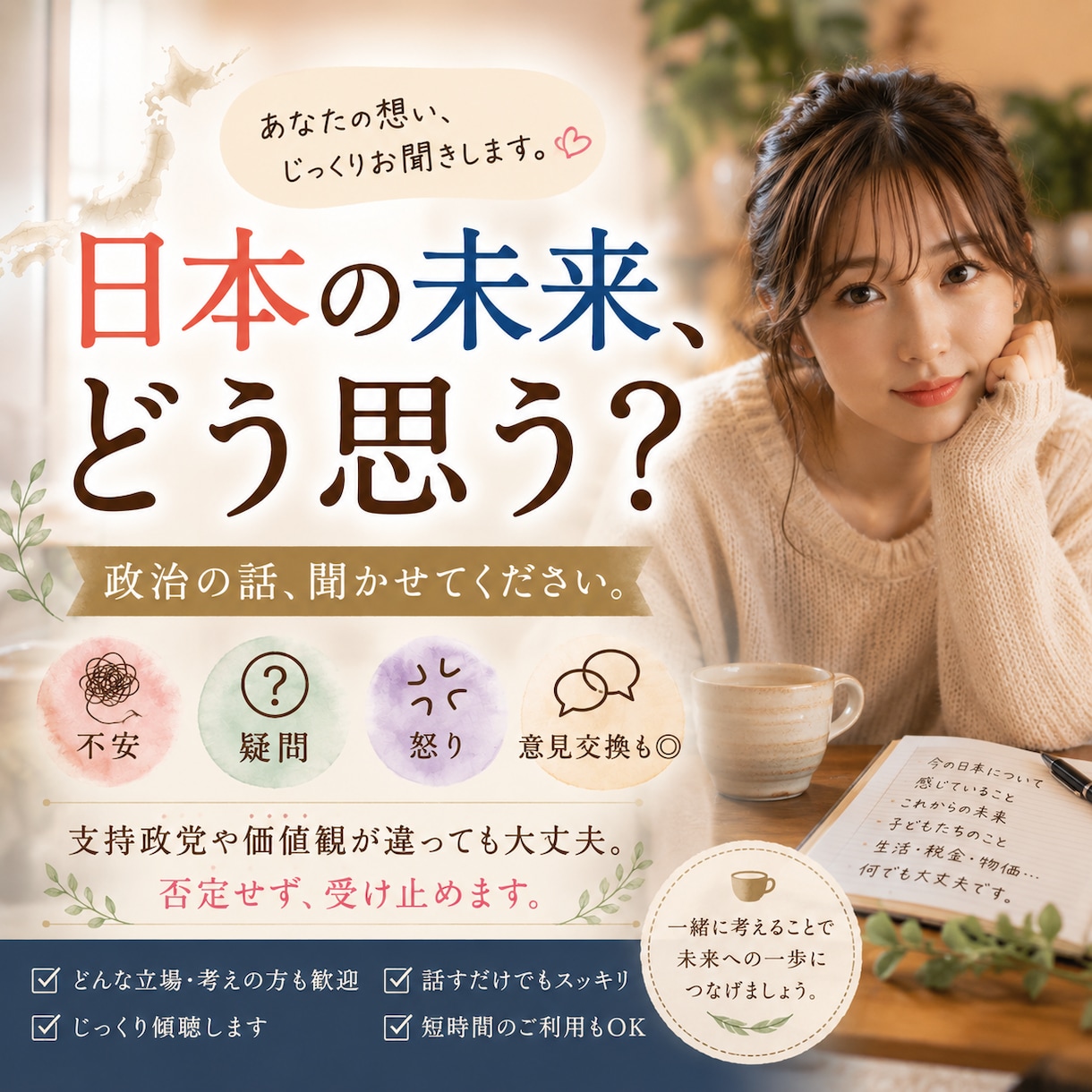 政治や日本の未来への想い、じっくりお聴きします 不安・疑問・怒りもOK｜支持政党や思想で否定しません イメージ1
