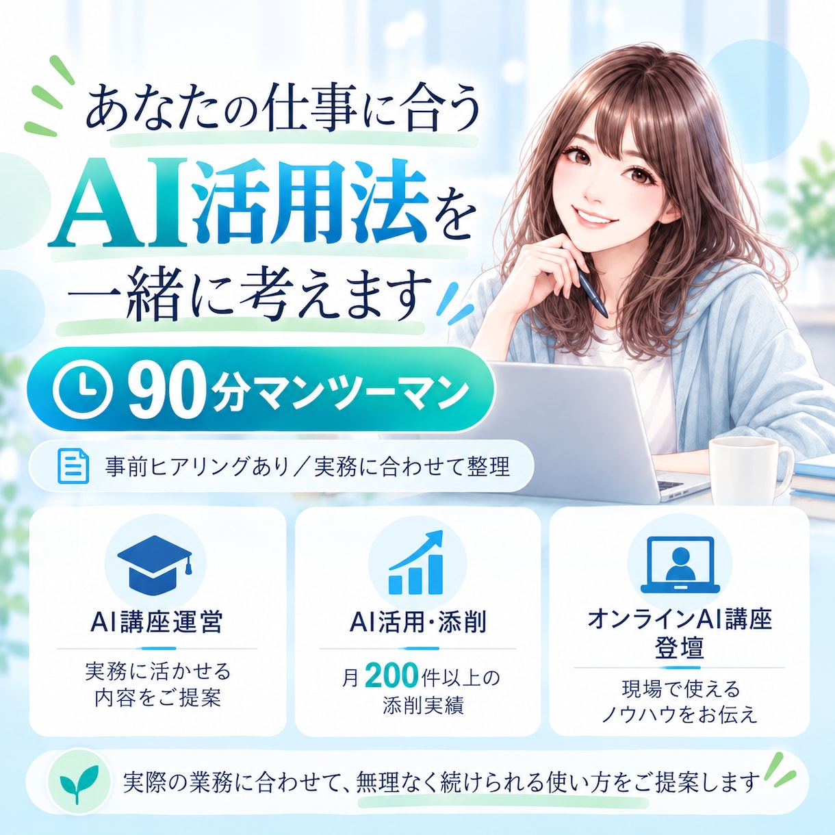 仕事で使えるAI活用を90分で一緒に整理します 多くの実務でのAI活用経験をもとに一緒に考えます イメージ1