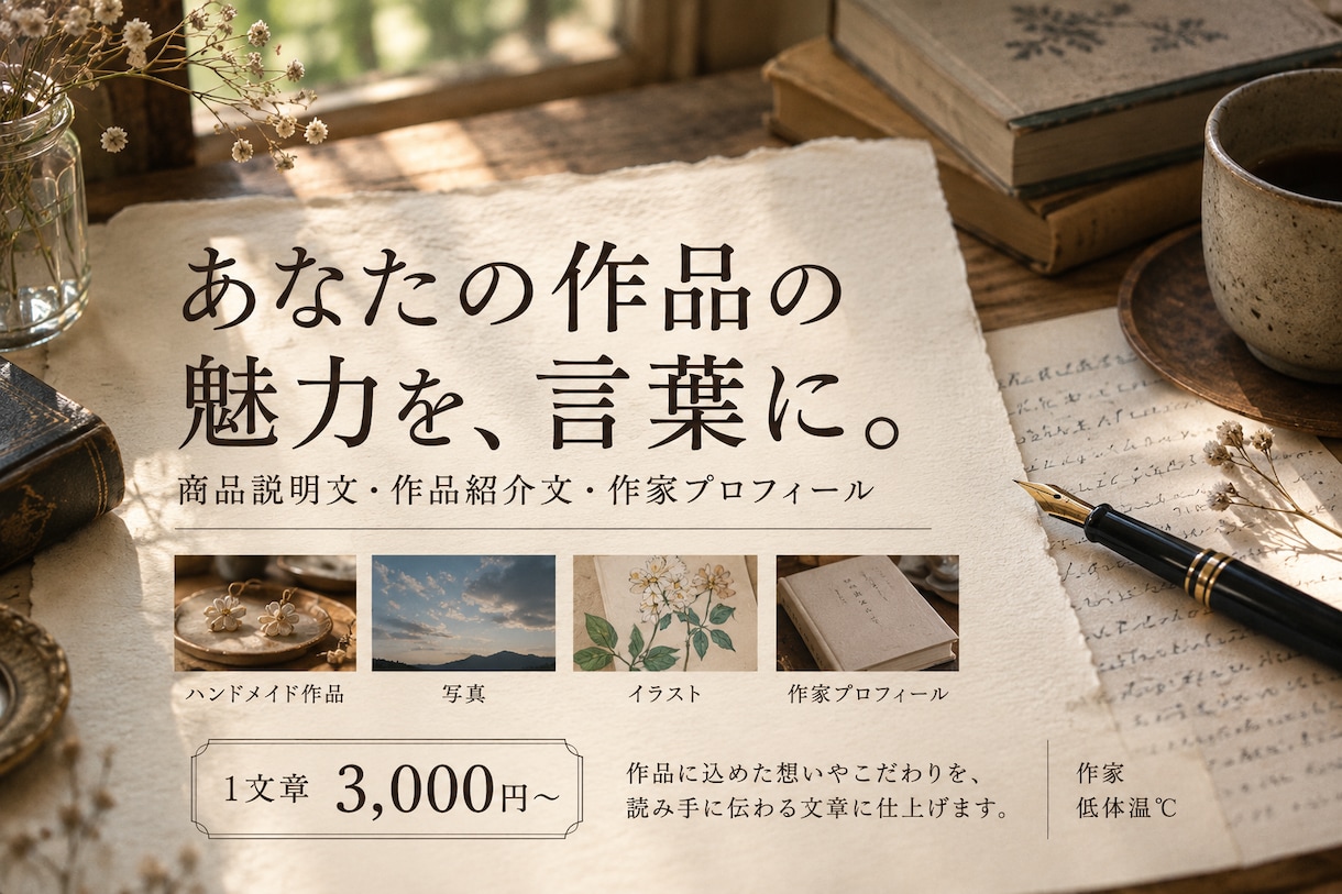 あなたの作品に込めた想いを、伝わる文章にします ハンドメイドや写真の魅力を作家の視点で丁寧に言葉にします イメージ1