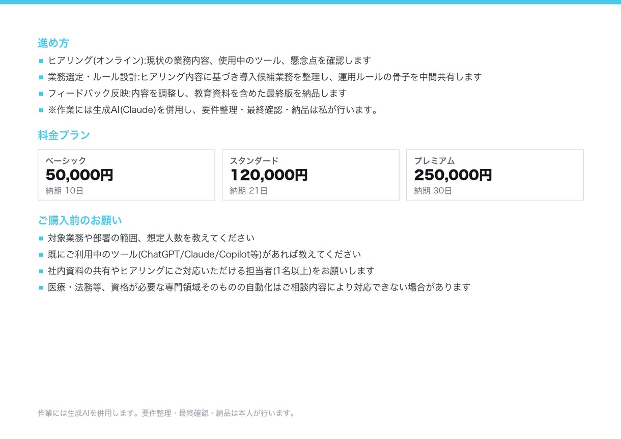 生成AI導入の業務選定と運用設計を支援します 何から自動化するかを決め、運用ルールと教育資料まで用意します イメージ5