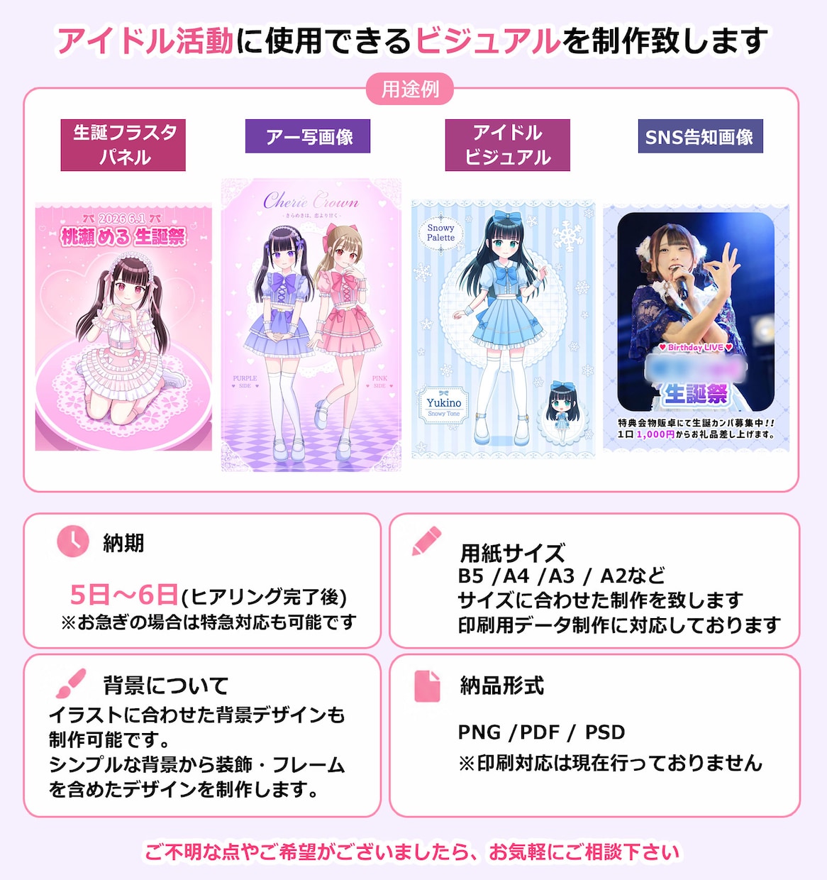 アイドルの生誕祭・卒業記念に特別な一枚を制作します 最短5日納品｜推しのための特別な一枚をフラスタ用に制作します イメージ6