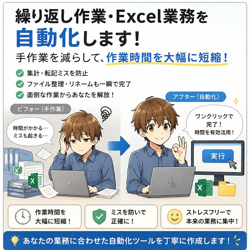 繰り返し作業・Excel業務を自動化します あなたの作業に合わせた自動化ツールを丁寧に作成します イメージ1