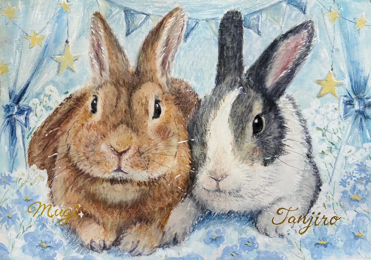 ペットの似顔絵、背景込みで絵本風に手描きします 飾り易いA5サイズ一点物です。プレゼントや虹組さんの思い出に イメージ1