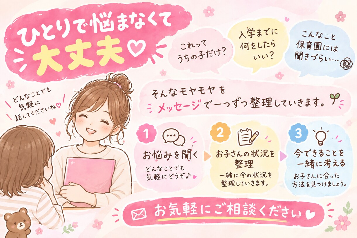 小学校入学前の不安、現役保育士ママが相談にのります 就学準備・生活習慣・友達関係、入学前の不安を一緒に考えます イメージ4