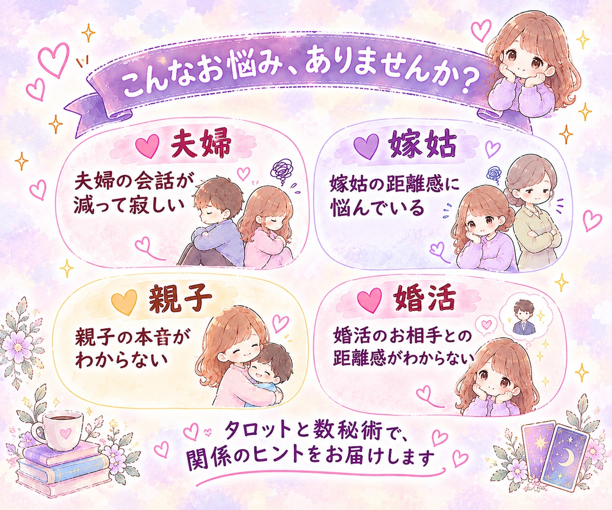 夫婦・親子・婚活の相性をタロットと数秘で鑑定します 鑑定歴16年|依存させない文章鑑定で関係にヒントを イメージ2