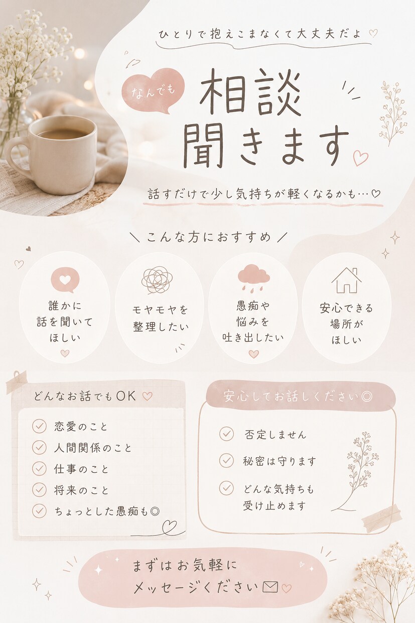 愚痴でも相談でもどんなお話でもお聞きします 共感・アドバイス・楽しくお話 全て対応可能ですお任せ下さい イメージ1