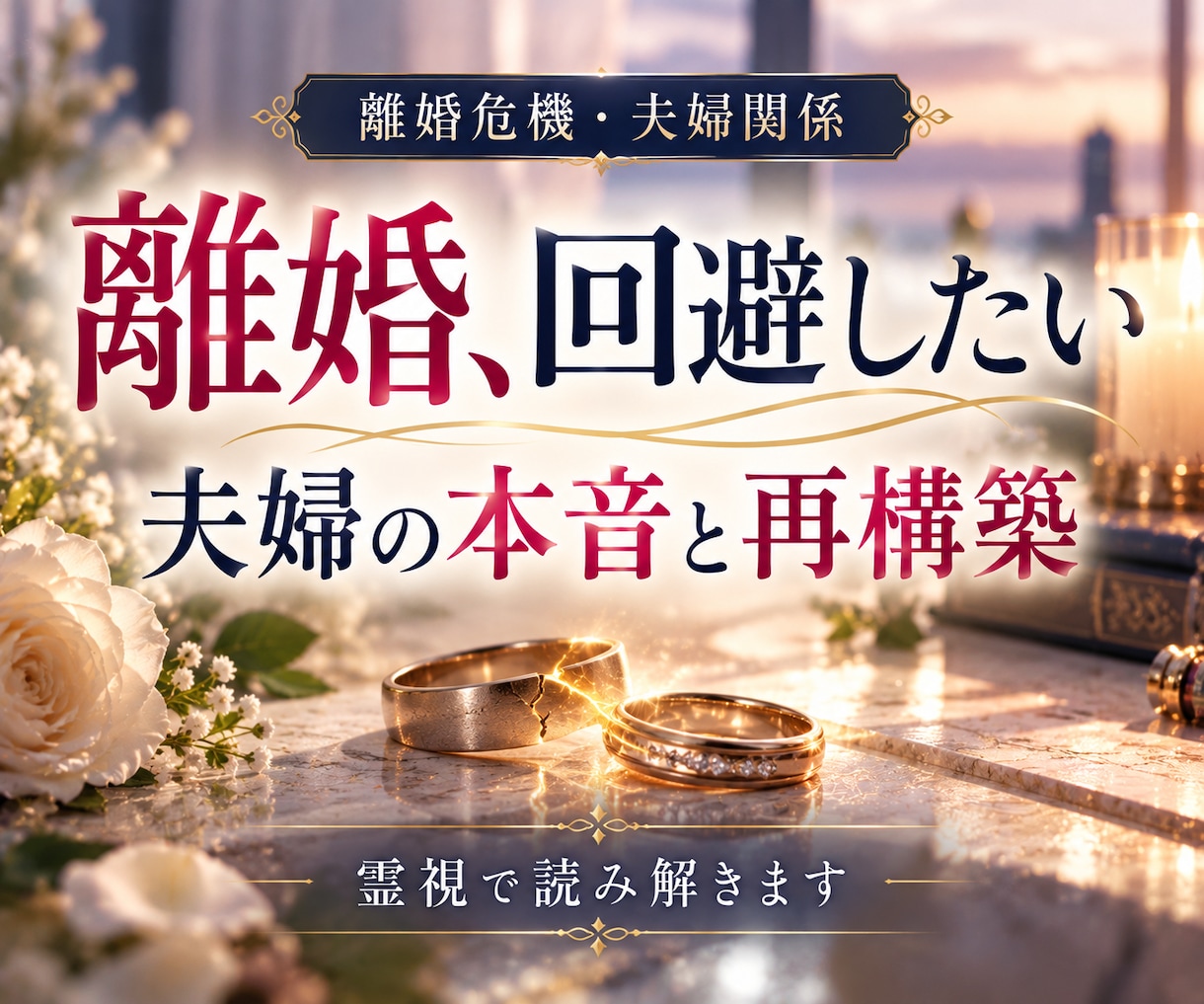 離婚回避したい方へ 夫婦の本音と再構築を霊視します 不倫/浮気の離婚危機から夫婦円満へ。本質と再構築を占います。 イメージ1