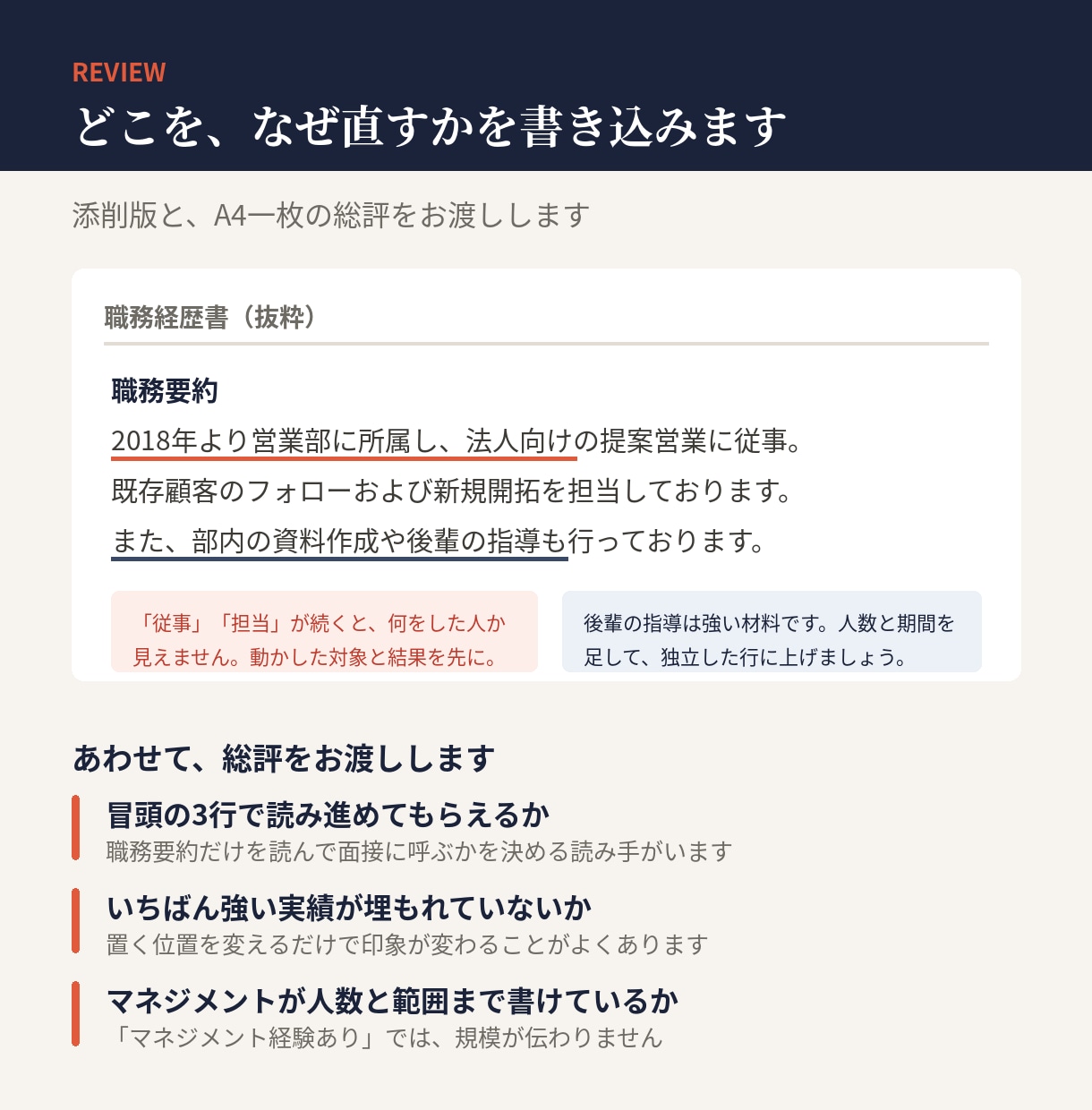 職務経歴書を面接官の目で添削します 通過しない理由を、具体的に指摘します イメージ2