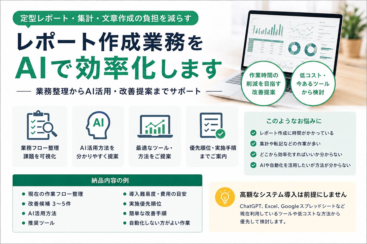 レポート作成業務をAIで効率化します 定型レポート・集計・文章作成の負担を減らす方法を設計 イメージ1