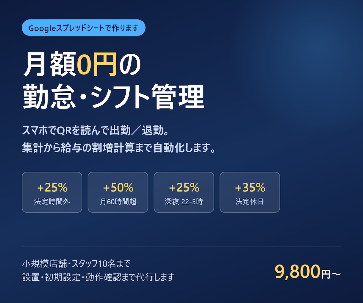 QR打刻の勤怠・シフト管理を作ります 月額0円。残業・深夜・休日割増まで自動で計算します イメージ1