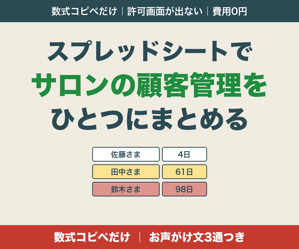 スプレッドシートで顧客カルテと来店管理表を渡します サロン向け。最終来店・回数・累計が自動。サポート付き イメージ1