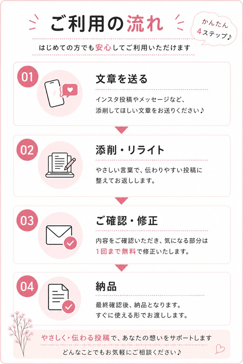 インスタ投稿をやさしく“伝わる文章”に整えます 接客歴20年｜やさしく印象よく整えます イメージ3