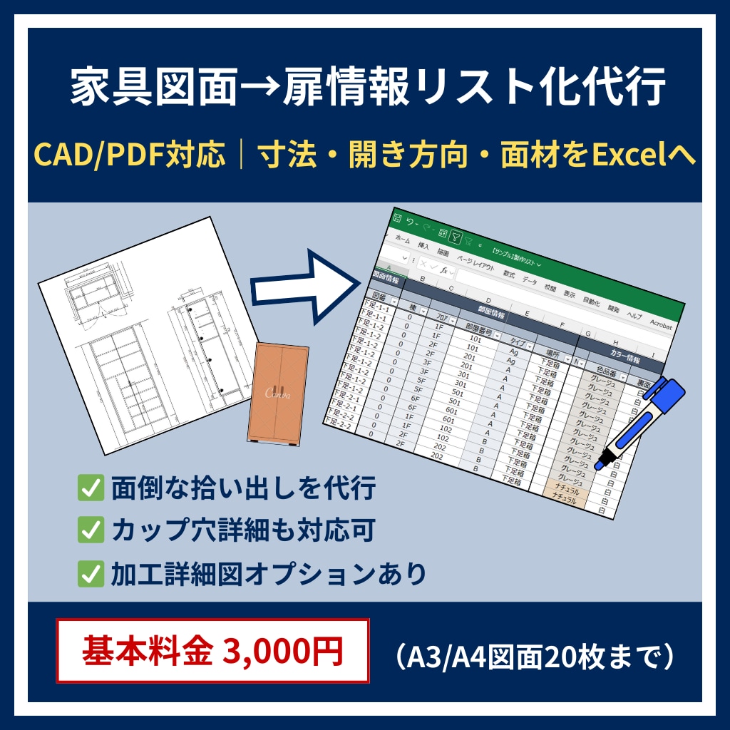 収納家具図面から収納扉情報をリスト化いたします 収納扉専門の拾い出しを正確に代行いたします イメージ1