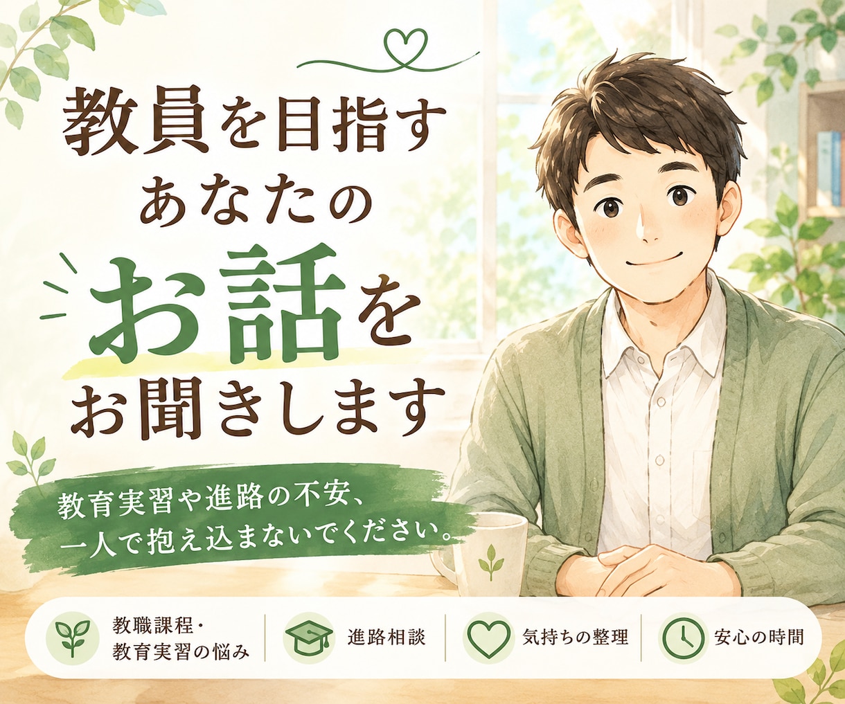 元教員が教員を目指すあなたのお話をお聞きしますます 教育実習や進路の不安、一人で抱え込まないでください。 イメージ1