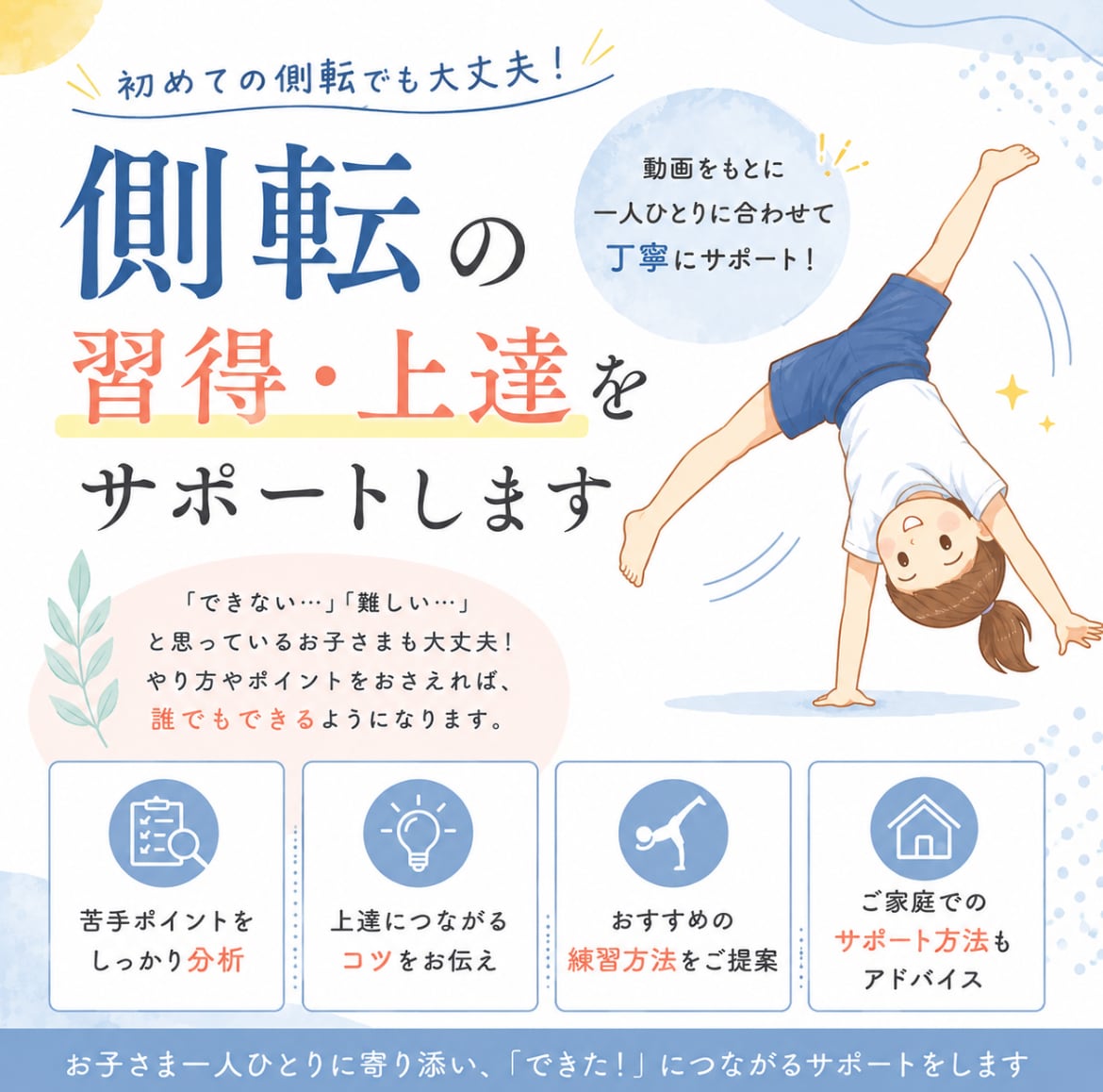 お子さまの側転の習得・上達をサポートします 動画をもとに丁寧にサポートします イメージ1