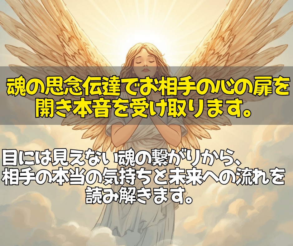 届かない想いを思念伝達で届け彼の本音を読み取ります 「今どう思っているのか」守護霊を通して心の奥を確認します。 イメージ2