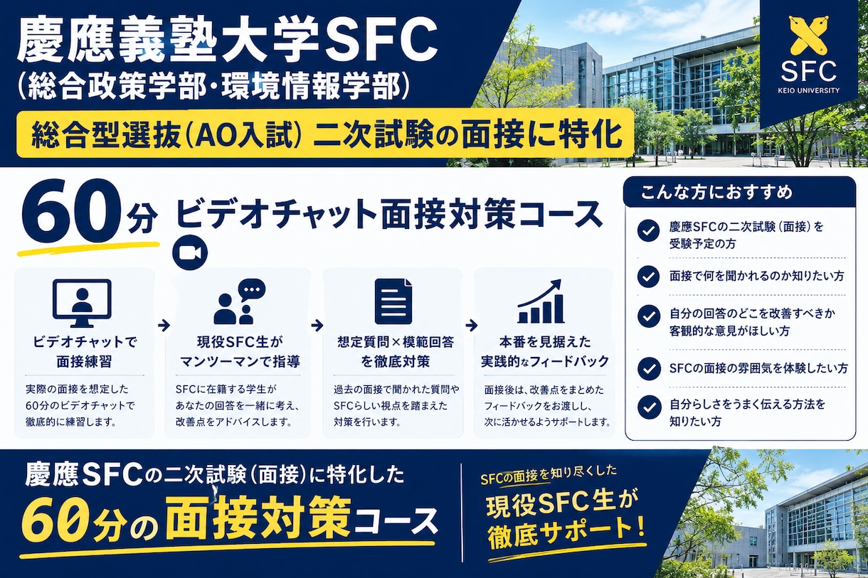 慶應SFCのAO入試面接対策をします 現役SFC合格者が模擬面接形式でその場で指導 イメージ1