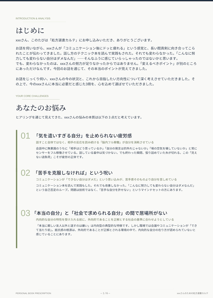 処方選書カルテ｜悩みを言語化し3冊の本を処方します 悩みに効く3冊を、読み方とともにあなた専用のカルテでお届け イメージ2