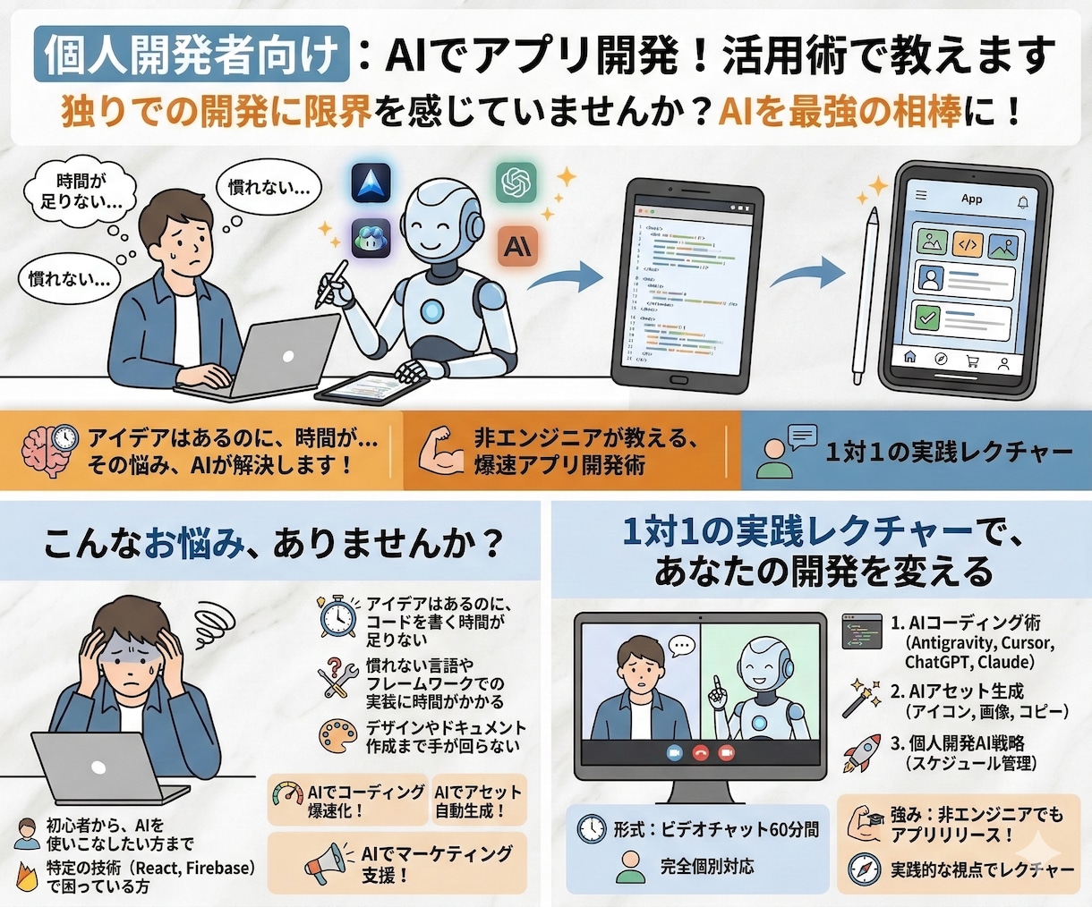 アプリ開発したい人：AIの活用術で教えます 独りでの開発に限界を感じていませんか？AIを最強の相棒に！ イメージ1