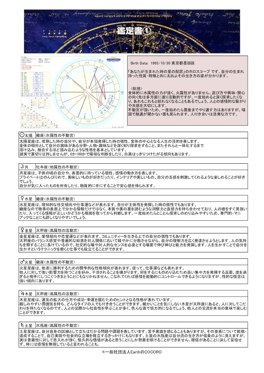 自分の社会や仕事での特性や得意なことを鑑定します 本格的なホロスコープの読み方の解説とオリジナル鑑定書付き！ イメージ2