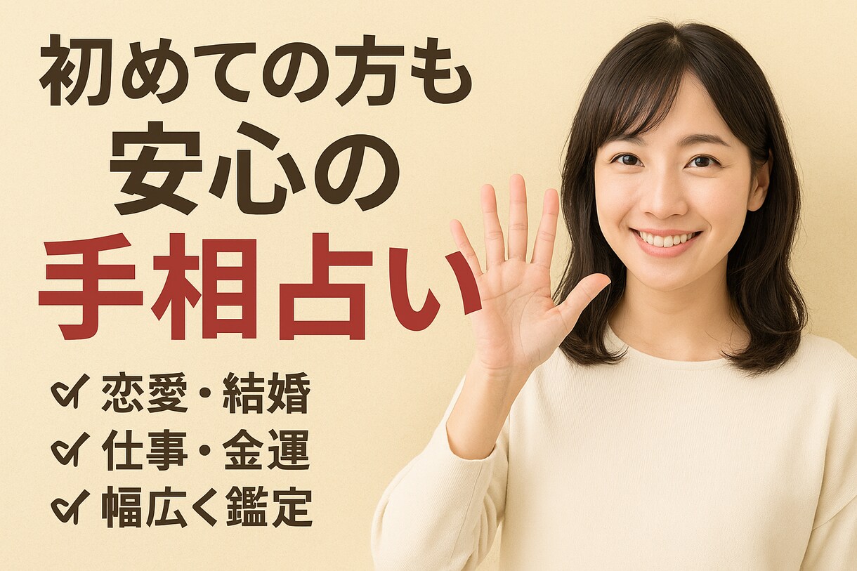 手相で具体的でわかりやすいアドバイスをお届けします 恋愛運や仕事運、金銭運など幅広く手のひらから読み解き占います イメージ1