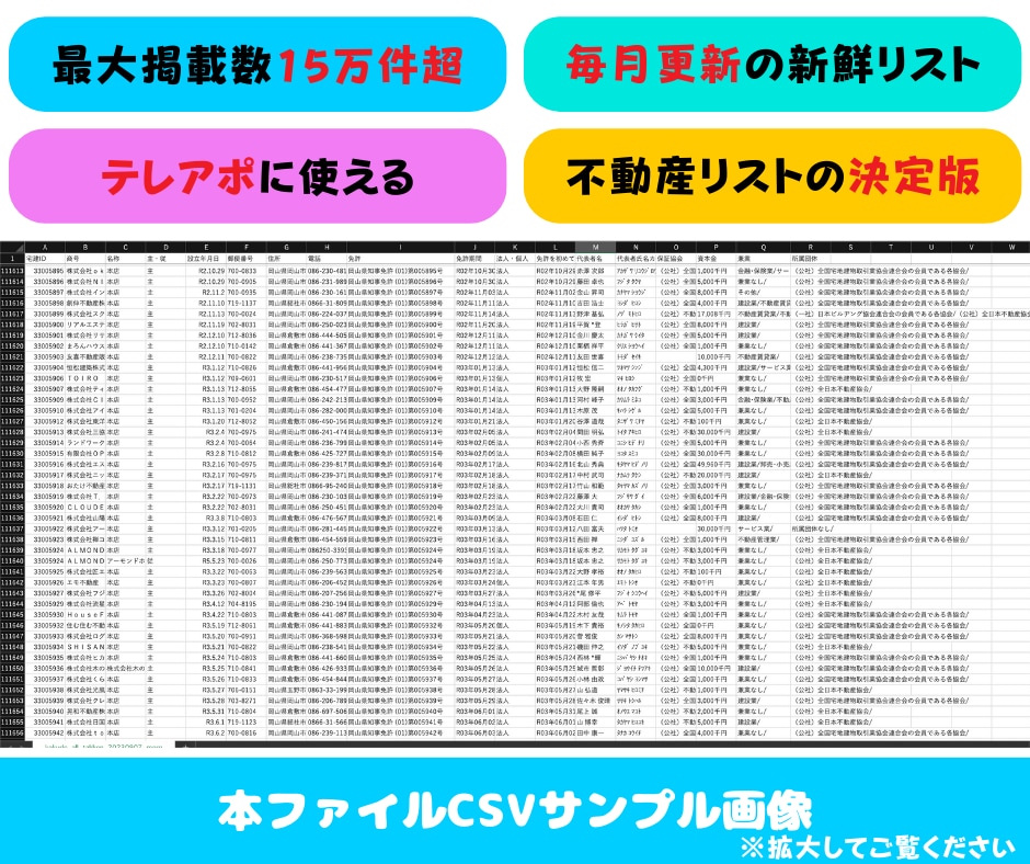 全国15万社の不動産会社の営業リスト販売します 毎月更新！15万件超掲載！残り数名にモニター価格で提供！ イメージ5
