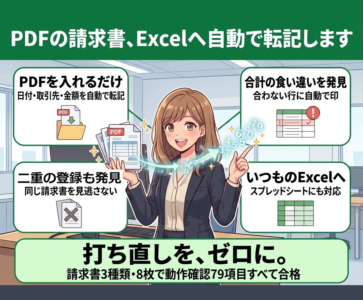 PDFの表をExcelへ自動転記します 請求書8枚で検算まで確かめた動く見本があります イメージ1