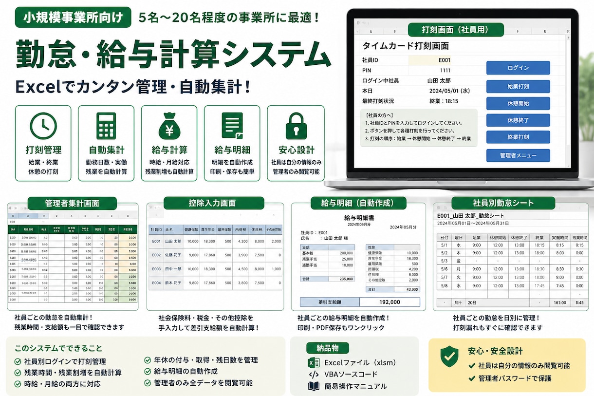 エクセルで小規模向け勤怠給与計算システム作成します エクセルマクロVBAを使って打刻・給与・明細を自動化 イメージ1