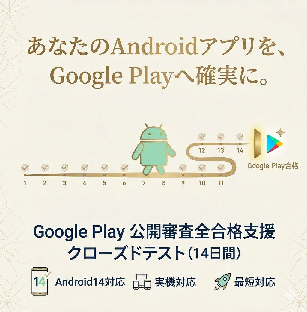 GooglePlay用クローズドテスト代行します 約20台の実機でオプトイン、最小工数で実施支援します イメージ1