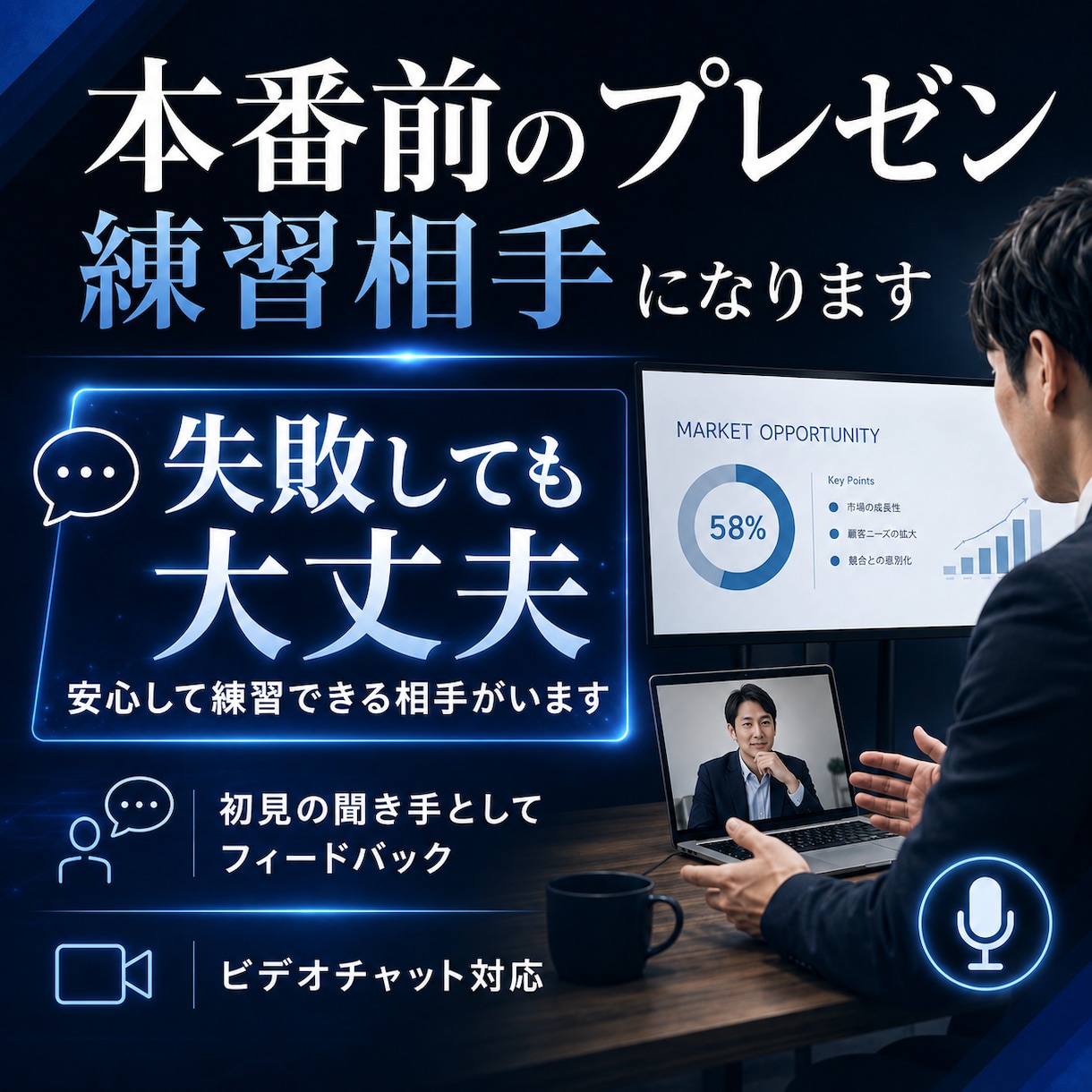 本番前のプレゼン練習相手になります 失敗も途中で止まってもOK。 まずは誰かの前で話しませんか？ イメージ1