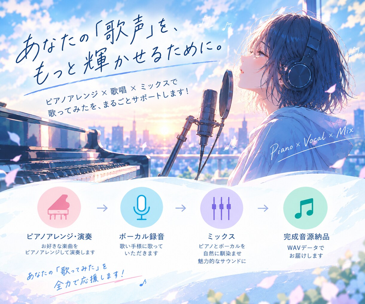 ピアノアレンジの歌ってみた制作をサポートします お好きな楽曲のピアノアレンジ、演奏からミックスまで対応します イメージ1