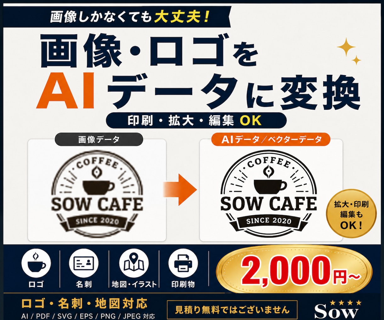 IllustratorのAIデータに画像変換します 画像や写真しかなくても大丈夫。使えるAIデータに変換します。 イメージ1
