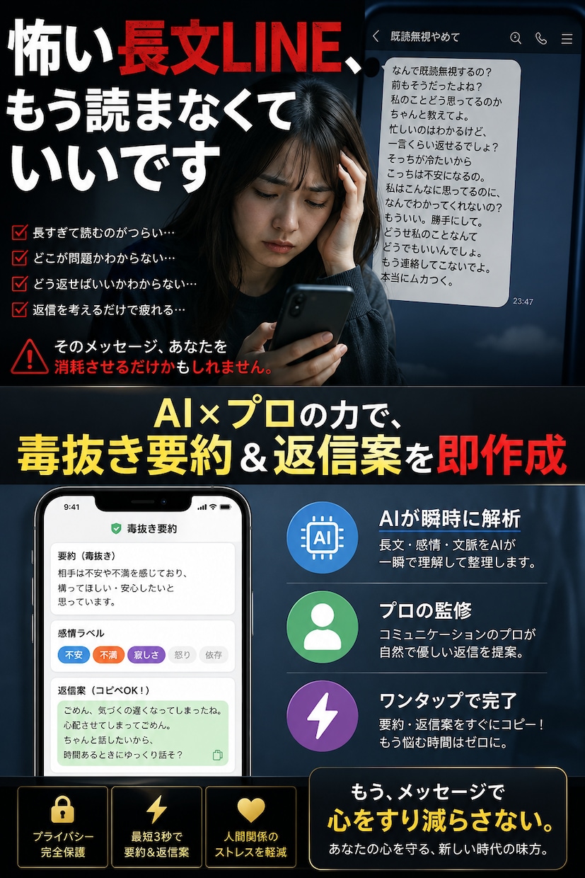 怖い長文LINEを代わりに読み毒抜き要約します 理不尽な連絡のストレスゼロへ。あなたのメンタル防衛代理人 イメージ1