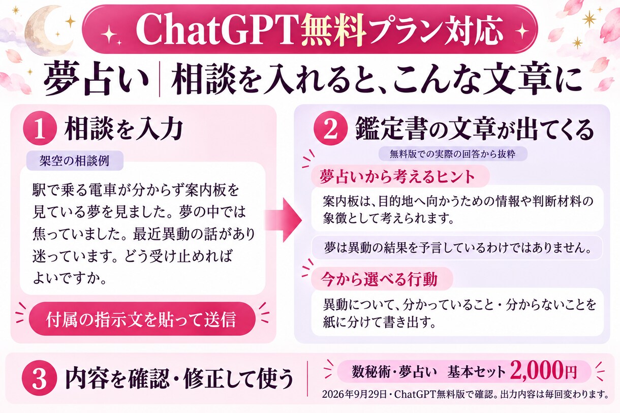 占い未経験でも使える鑑定書プロンプトを届けます 相談を入力して貼るだけ。無料版ChatGPTで始めよう イメージ4
