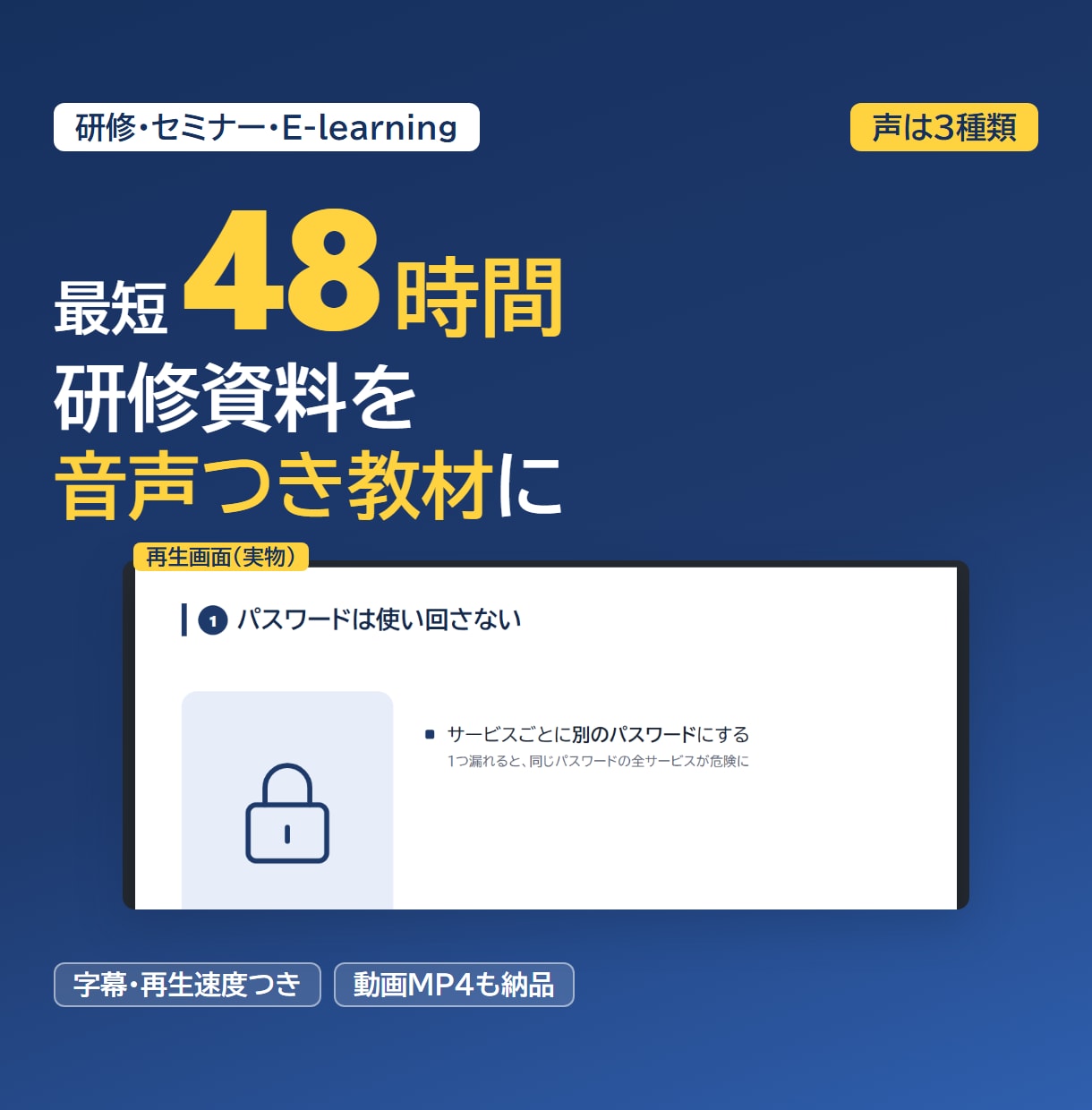 研修資料をAI音声ナレーションつき教材にします 字幕・再生速度つき。動画MP4も納品。声は3種から試聴 イメージ1