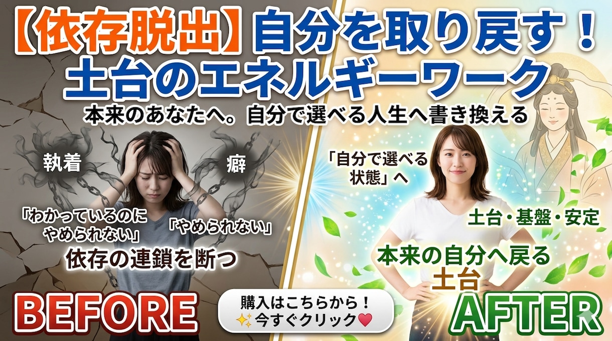 依存を断ち切り本来へ戻るエネルギーワークを行います 抜け出せない癖や執着を手放し「自分で選べる人生」へ書き換える イメージ2
