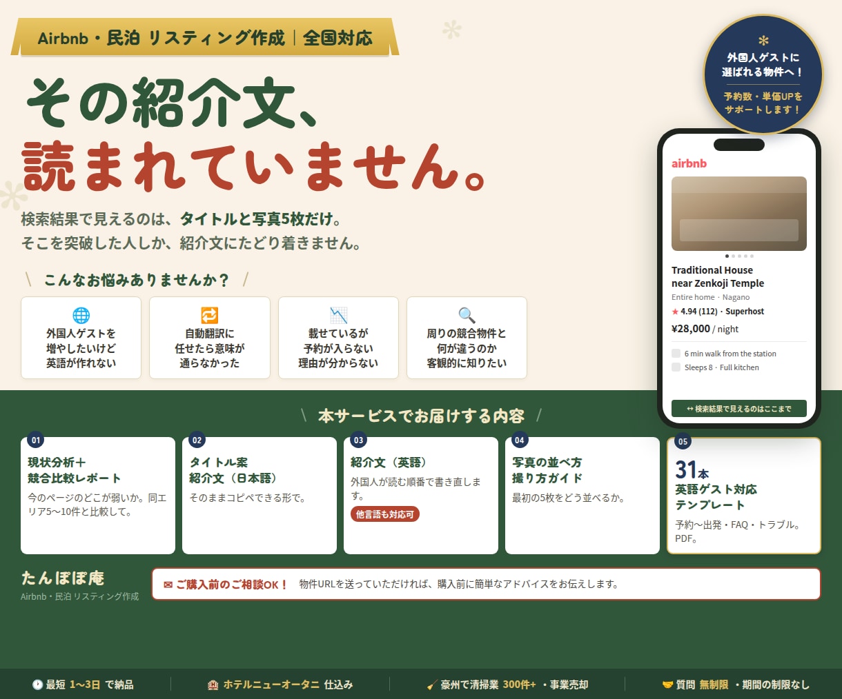 民泊の紹介文を日本語と英語で作ります 検索結果で見えるのはタイトルと写真5枚だけです イメージ1