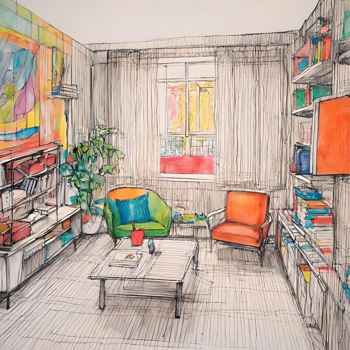 カラフルなスケッチ画で室内背景を制作いたします ご希望に沿った素敵なお部屋の絵を制作いたします イメージ2