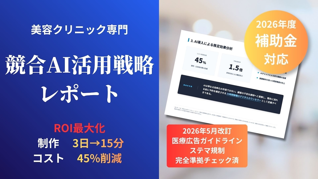 美容クリニック専門AI競合分析レポートを作成します 2026年最新事例！補助金申請に使える競合AI活用分析 イメージ1