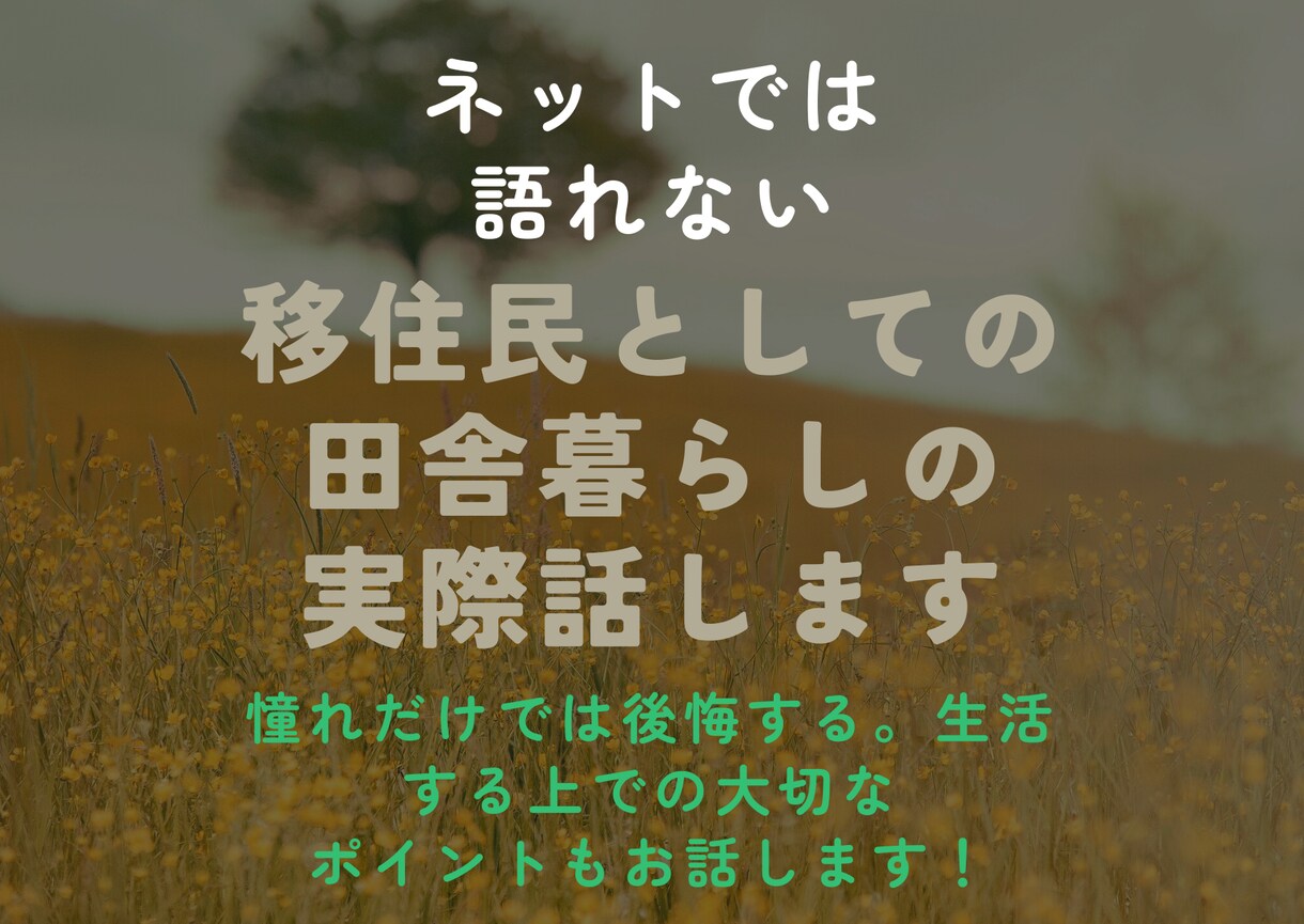 田舎暮らしご検討中の方、離島暮らし経験話します ネットでは言えない実体験に基づく田舎暮らしの賛否をお話します イメージ1