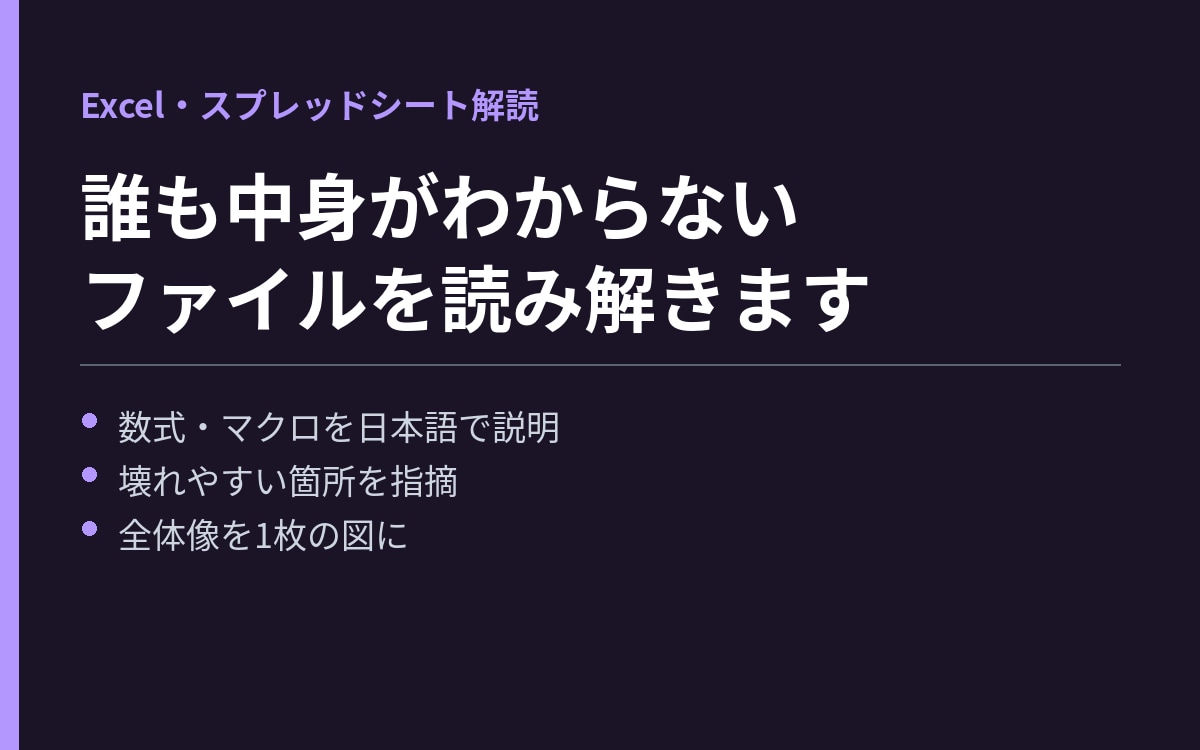 誰も分からないExcelの中身を解読します 前任者のファイルを、仕組みごと図にして渡します イメージ1