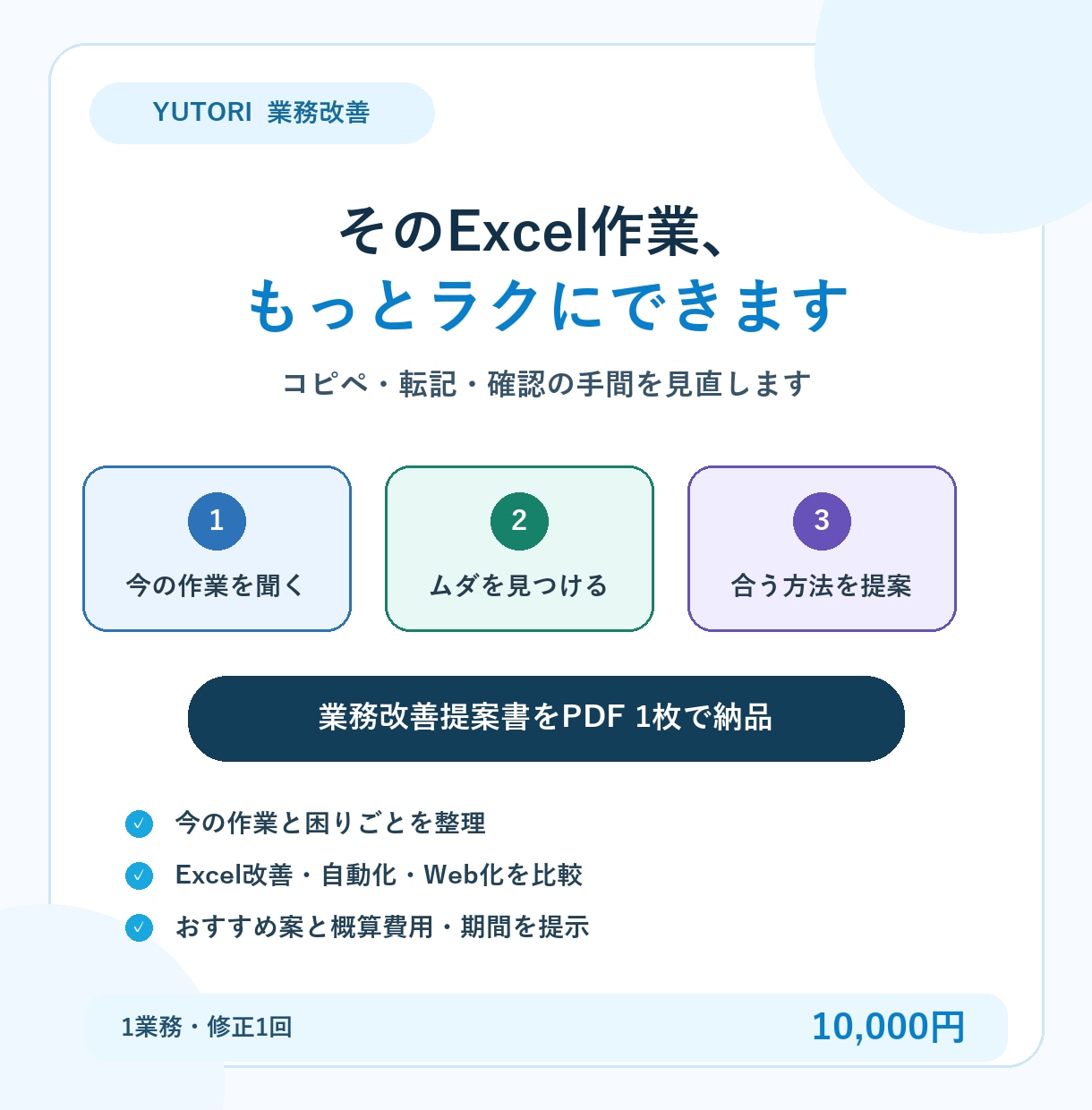 面倒なExcel作業を整理し、改善方法を提案します あなたのExcel作業を聞いて、合う改善方法を提案 イメージ1