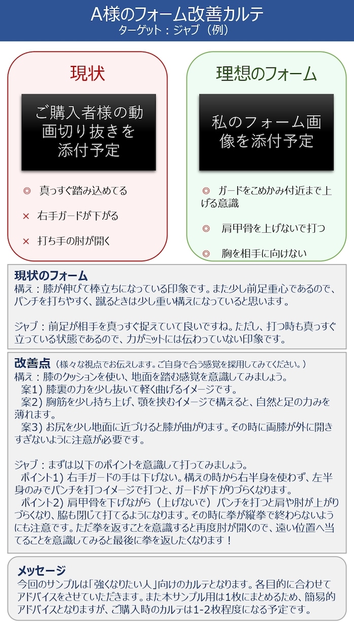 キックボクシング『フォーム改善カルテ』の作成します 初心者の方、上達したいけど悩んでいる方へ イメージ2