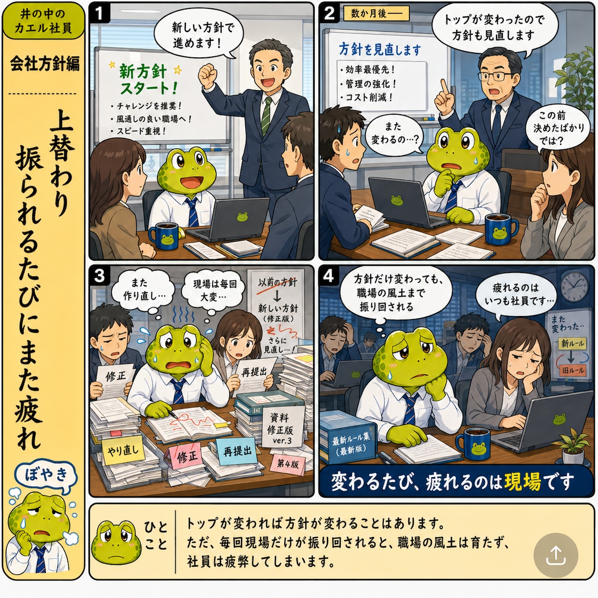 職場の悩みをカエル社員4コマにします 川柳・セリフ・構成まで職場経験をもとに制作 イメージ1