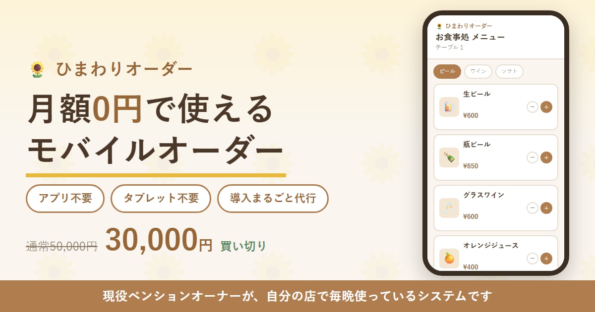 月額0円の買い切り型モバイルオーダーを導入します 飲食店・宿のQR注文システムを月額0円・買い切りで導入します イメージ1
